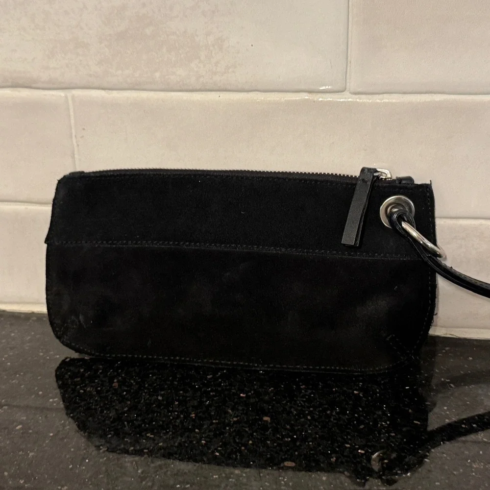 Black‎ Suede Leather Wristlet Clutch Bag Purse Buckle Detail Zip Top Moto Style